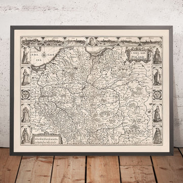 Vecchia mappa monocromatica della Polonia di Speed, 1676: Varsavia, Cracovia, Danzica, Mare Orientale (Baltico) 