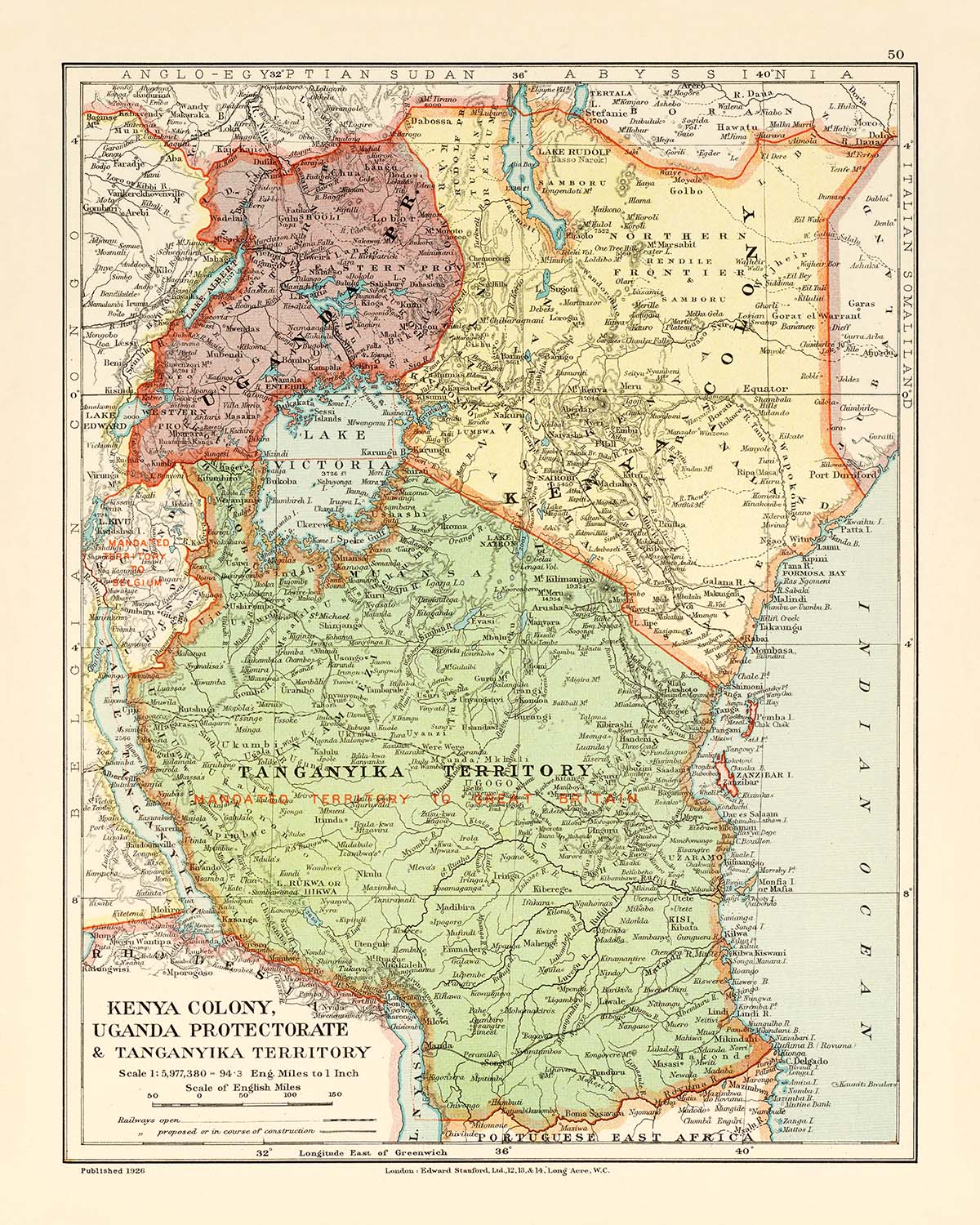 Old Colonial Map of Kenya, Uganda, Rwanda & Tanzania by Edward Stanford, 1926: Nairobi, Kampala, Lake Victoria, Kilimanjaro, Uganda Railway