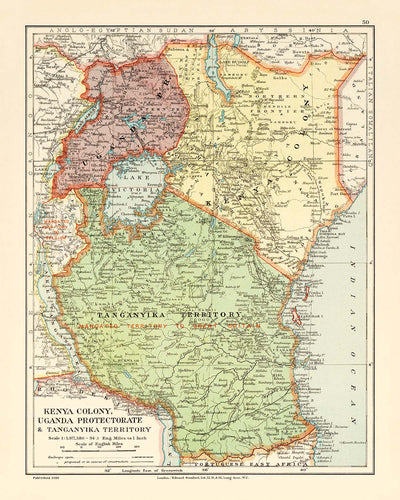 Old Colonial Map of Kenya, Uganda, Rwanda & Tanzania by Edward Stanford, 1926: Nairobi, Kampala, Lake Victoria, Kilimanjaro, Uganda Railway