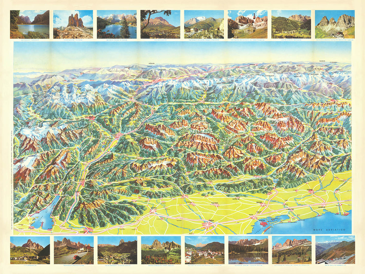 Antiguo mapa pictórico del Tirol y los Dolomitas, 1973: Great Dolomites Rd, Cortina, Bolzano, Merano, Tre Cime 