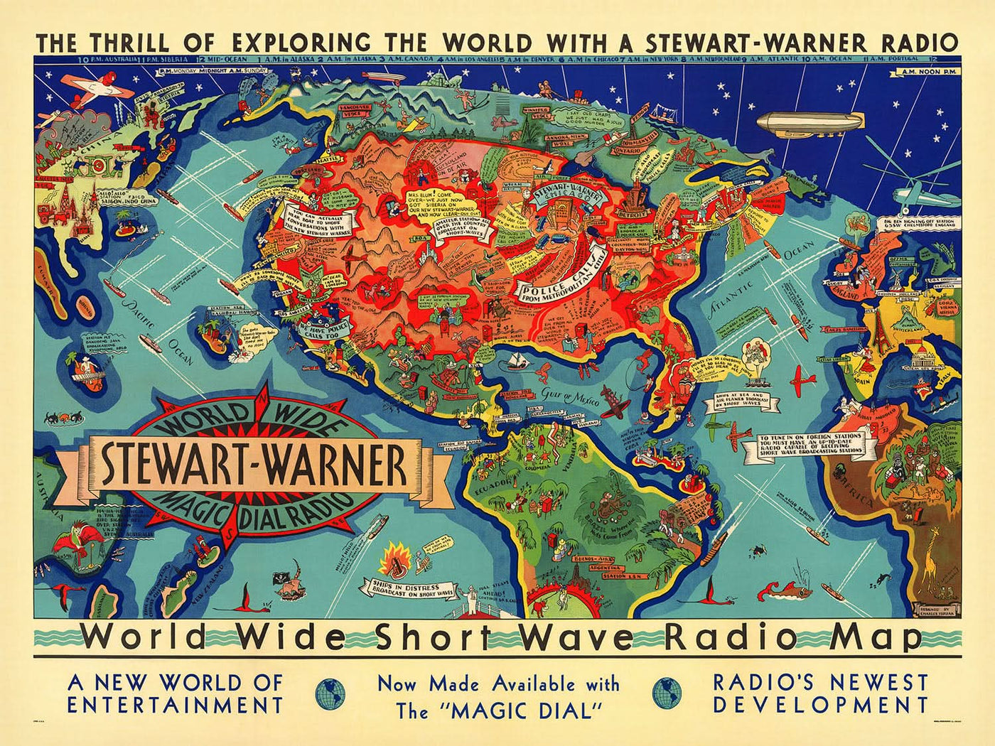 Mapa del Viejo Mundo de la radio de onda corta de Turzak, 1932: comunicación vibrante, temática y global