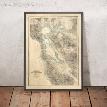 Gran mapa antiguo del Área de la Bahía de San Francisco de Hoffmann, 1867: Oakland, Berkeley, Golden Gate, Silicon Valley 