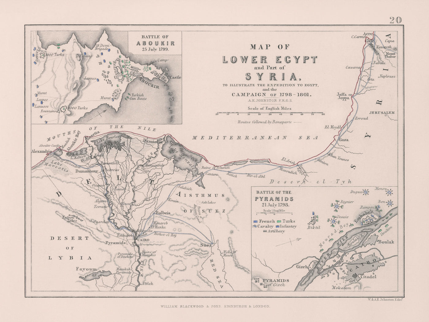 Alte Militärkarte von Napoleons Schlachten in Ägypten und Syrien, 1801: Abukir, Pyramiden, Kairo, Suez, Nil