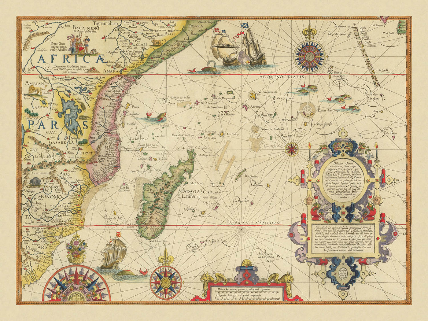 Old Map of East Africa & Indian Ocean by Linschoten, 1596: Mozambique, Zanzibar, Madagascar, Mogadishu, Prester John