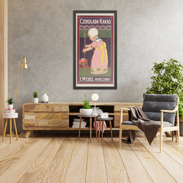 A framed image of E. Wedel Vintage Chocolate and Cocoa Poster, 1910