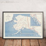 Old Post Route Map of Alaska, 1958: Anchorage, Fairbanks, Juneau, Alaska Highway, Aleutians