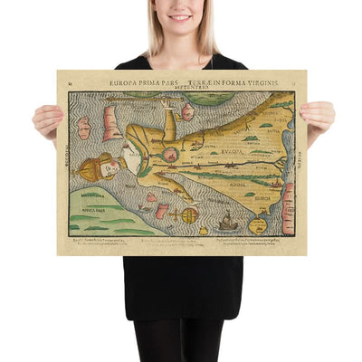 Mapa antiguo de Europa como reina, de Bunting, 1616: diseño antropomórfico, simbolismo de los Habsburgo, alegoría histórica