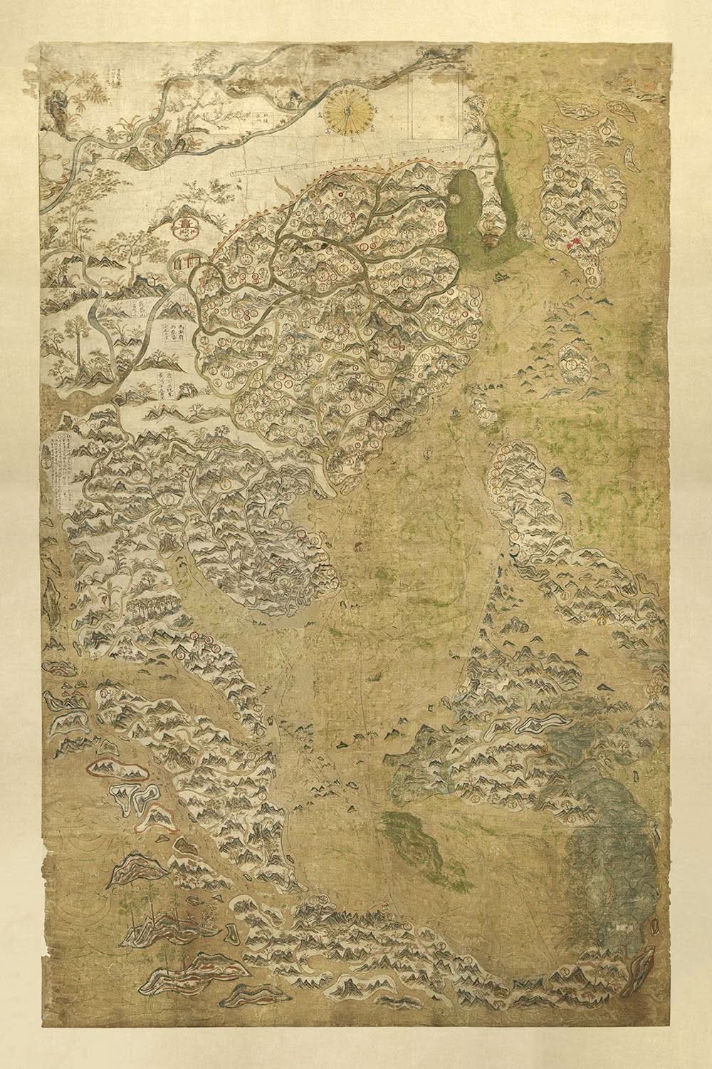 Ancienne carte de la Chine et de l'Asie par Anonyme, 1653 : carte de Selden, routes commerciales, dessin géométrique