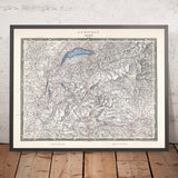Old Topographic Map of Savoy and Geneva by Woerl, 1850: Geneva, Chambéry, L. Geneva, Rhône, Isère