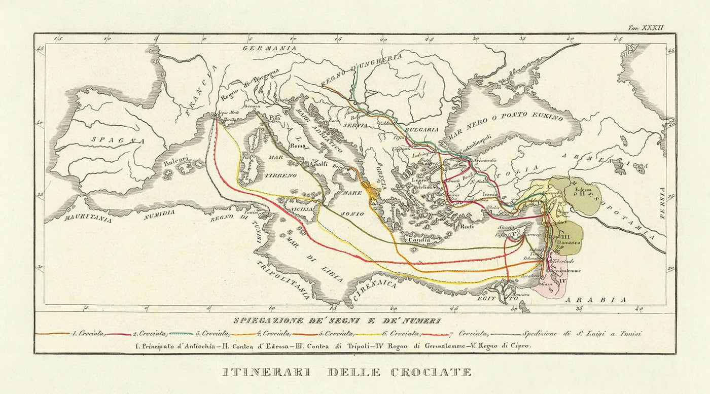 Alte Karte der Kreuzzüge von Marmocchi, 1838: Routen, Jerusalem, Antiochia, Konstantinopel, Ungarn