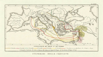 Alte Karte der Kreuzzüge von Marmocchi, 1838: Routen, Jerusalem, Antiochia, Konstantinopel, Ungarn