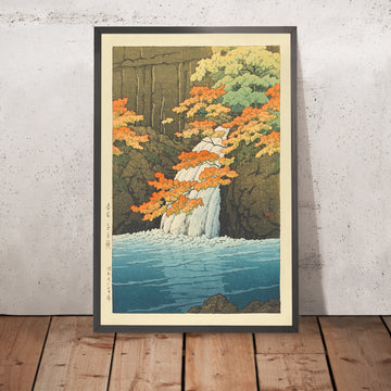 Ein gerahmtes Bild des Senju-Wasserfalls, Akame von Hasui Kawase, 1935