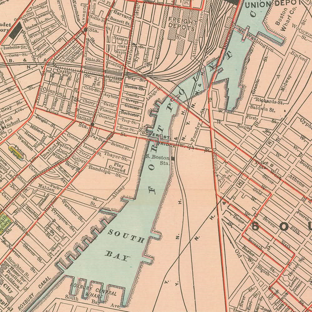 Mapa antiguo de Boston, 1912: puerto de Boston, sur de Boston, Roxbury, Boston Common, jardín público