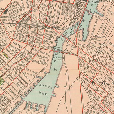 Mapa antiguo de Boston, 1912: puerto de Boston, sur de Boston, Roxbury, Boston Common, jardín público