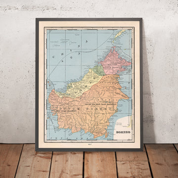 Vecchia mappa coloniale del Borneo di Cram, 1901: Borneo del Nord Britannico, Sarawak, confini olandesi, Kuching, Sandakan 