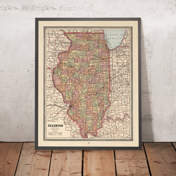 Old County Map of Illinois by Cram, 1883: Chicago, Springfield, Lake Michigan, Mississippi R., Illinois River