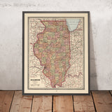 Old County Map of Illinois by Cram, 1883: Chicago, Springfield, Lake Michigan, Mississippi R., Illinois River