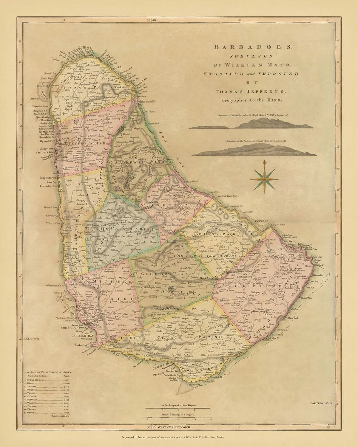 Mapa antiguo de Barbados de Mayo, 1810: Bridgetown, Speightstown, parroquias, fuertes, rosa de los vientos