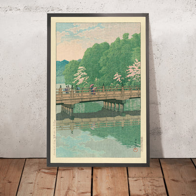 A framed image of Benkei Bridge at Akasuka by Hasui Kawase, 1935