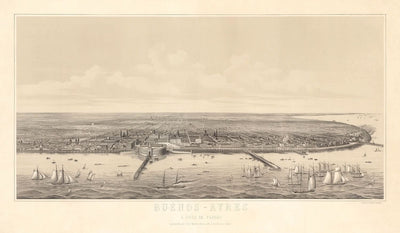 Ancienne carte à vol d'oiseau de Buenos Aires par Dulin, 1880 : Casa Rosada, Puerto Madero, Correo Central, Gabildo, Rio de la Plata