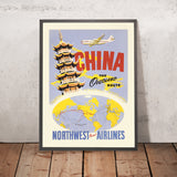 Cartel de viaje de China: La ruta terrestre de Northwest Orient Airlines, 1950 
