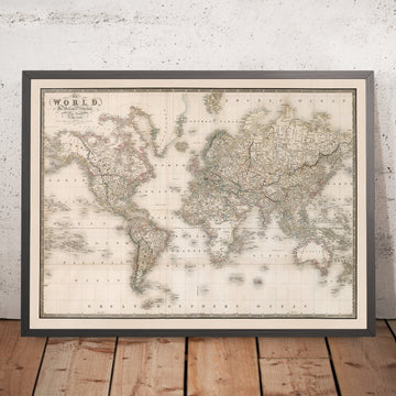 Alte Weltkarte von Wyld, 1837: Mercator-Projektion, nautisches Raster 