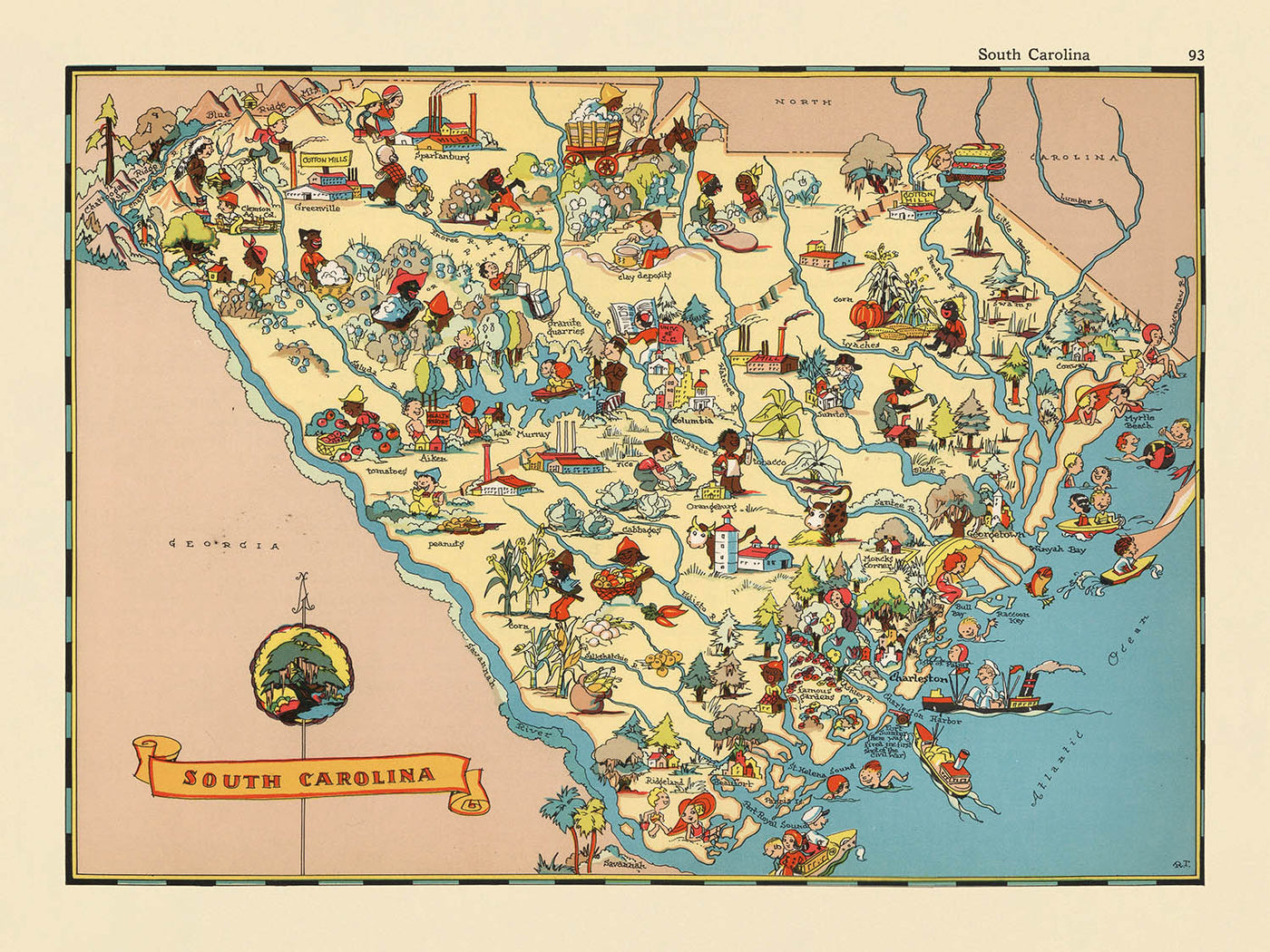 Pictorial Map of South Carolina by Ruth Taylor White, 1935: Columbia, Charleston, Greenville, Atlantic Coast, County Borders