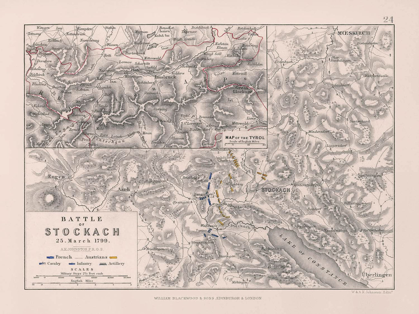 Litografía antigua en color de la batalla de Stockach de AK Johnston, 1799