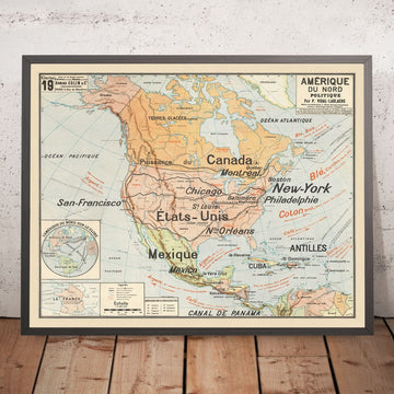Mappa Antica del Nord America di Vidal Lablache, 1921: Design Educativo, Rotte Commerciali 