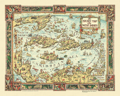 Mapa pictórico antiguo del Caribe, 1936: La Habana, Nassau, Kingston, Golfo de México, bordes decorativos