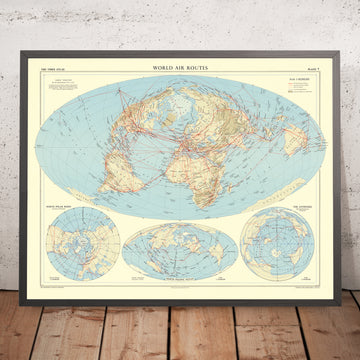Mapa de rutas aéreas mundiales en múltiples proyecciones diferentes, de Bartholomew, 1957 