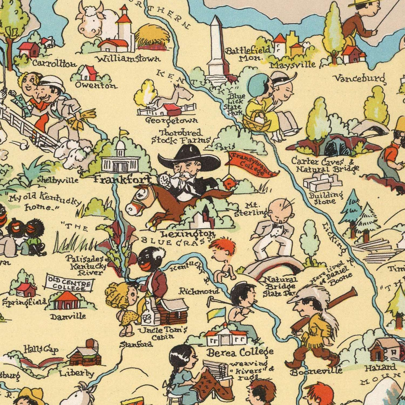 Pictorial Map of Kentucky by Ruth Taylor White, 1935: Louisville, Lexington, Horse Racing, Bourbon, Appalachians
