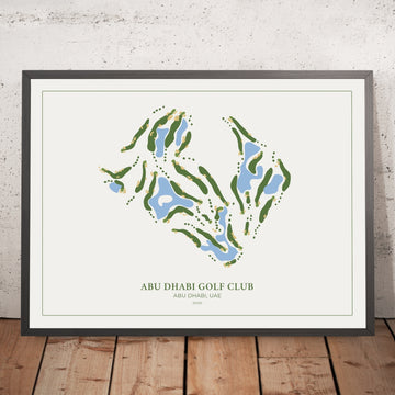 A framed image of Abu Dhabi Golf Club in the style of a simple and modern golf course map