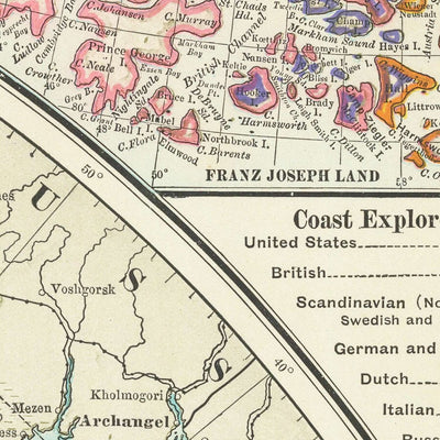 Old Map of North Pole Exploration, 1910: Peary's Route, Arctic Voyages