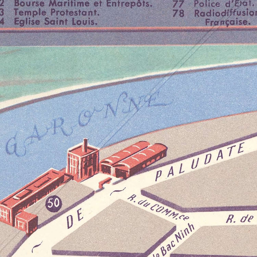 Vecchia mappa di Bordeaux, 1950: Place de la Comédie, Quinconces, Grand Théâtre, Pont de Pierre, Parc Bordelais 