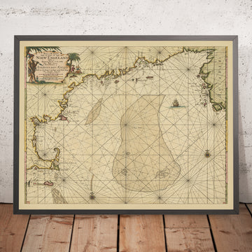 Antica mappa nautica del New England di van Keulen, 1695: Cape Cod, Nantucket, Acadia (Nuova Scozia) 
