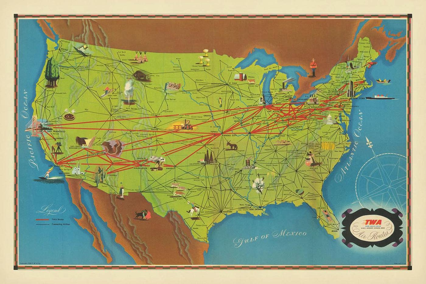 Alte Bildkarte der Vereinigten Staaten, 1948: NYC, LA, Chicago, TWA-Routen, Sehenswürdigkeiten