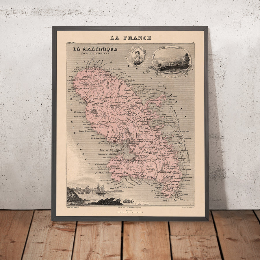 Mappa antica di Martinica, Antille minori di Vuillemin, 1869: Fort-de-France, Saint-Pierre, Canna da zucchero 