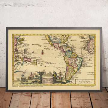 Ancienne carte du voyage de Magellan par Van der Aa, 1706 : premier tour du monde ; détroit de Magellan ; de l’Espagne aux Moluques 