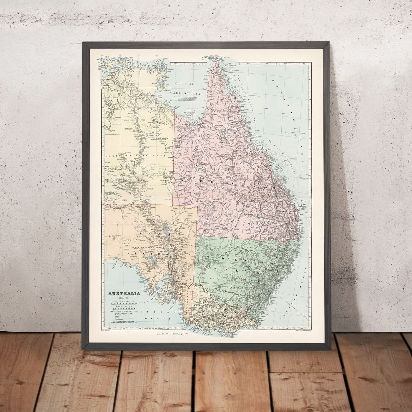 Ancienne carte de l'Australie orientale par Stanford, 1887 : Sydney, Melbourne, Brisbane, Great Dividing Range, chemins de fer