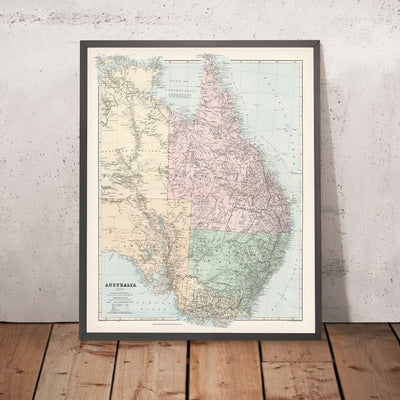 Ancienne carte de l'Australie orientale par Stanford, 1887 : Sydney, Melbourne, Brisbane, Great Dividing Range, chemins de fer