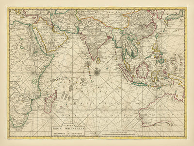 Old Map of the Indian Ocean & East Indies by François Valentijn, 1724: Dutch VOC Trade Routes, Early Australia