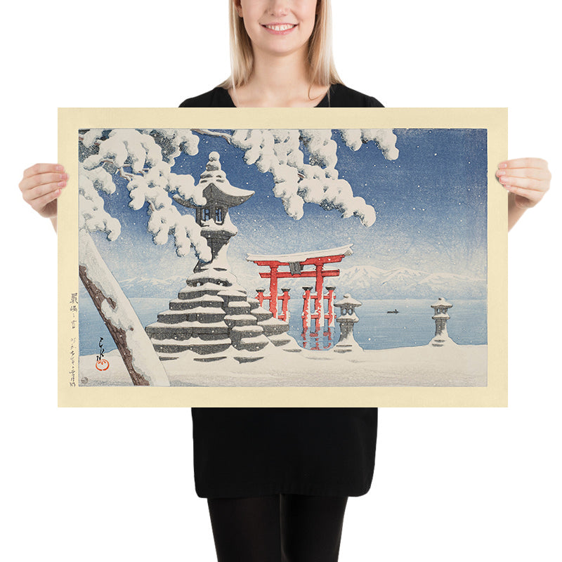 Nieve en Itsukushima con Torii Shinto por Hasui Kawase, 1935 