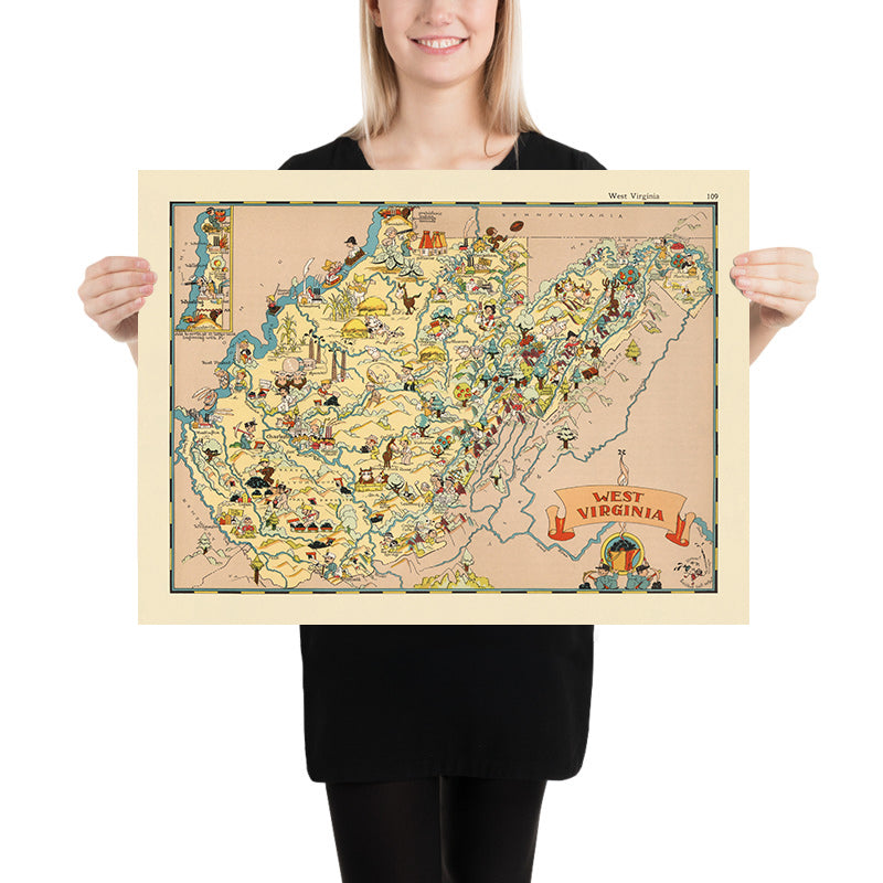 Pictorial Map of West Virginia by Ruth Taylor White, 1935: Charleston, Huntington, Coal Mining, Counties, Appalachia
