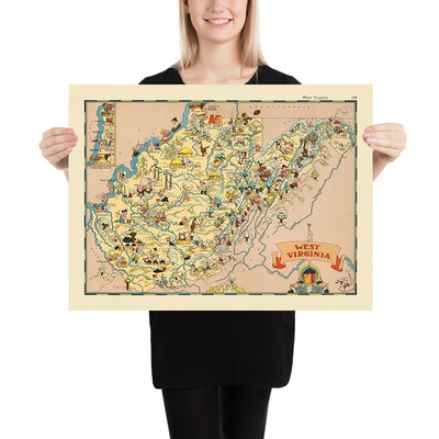 Pictorial Map of West Virginia by Ruth Taylor White, 1935: Charleston, Huntington, Coal Mining, Counties, Appalachia