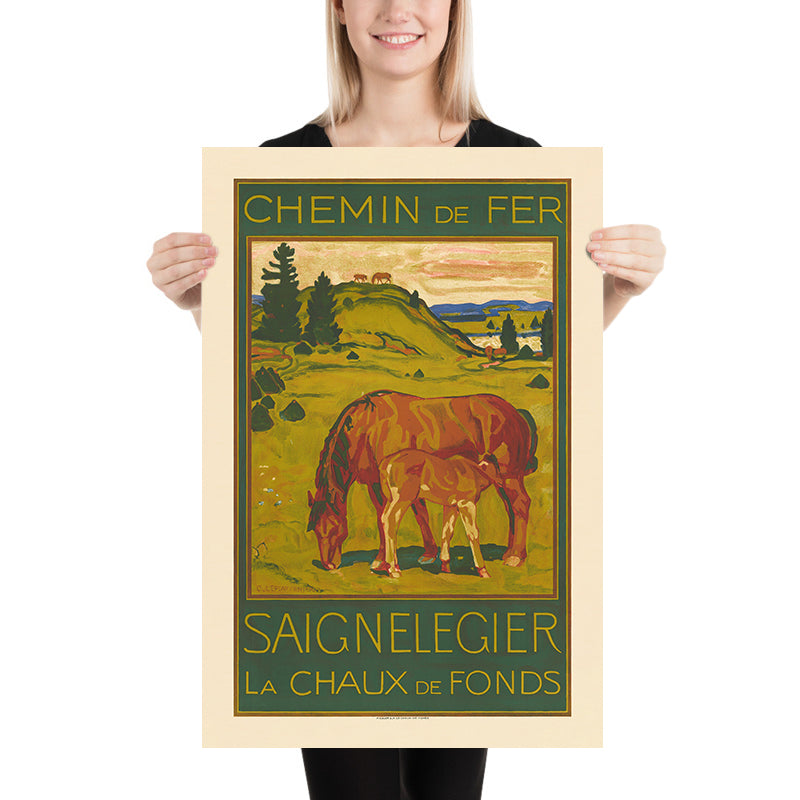 Swiss Jura Travel Poster: Chemin de fer – Saignelégier – La Chaux-de-Fonds by Charles l’Eplattenier, 1932