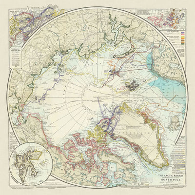 Old Map of North Pole Exploration, 1910: Peary's Route, Arctic Voyages