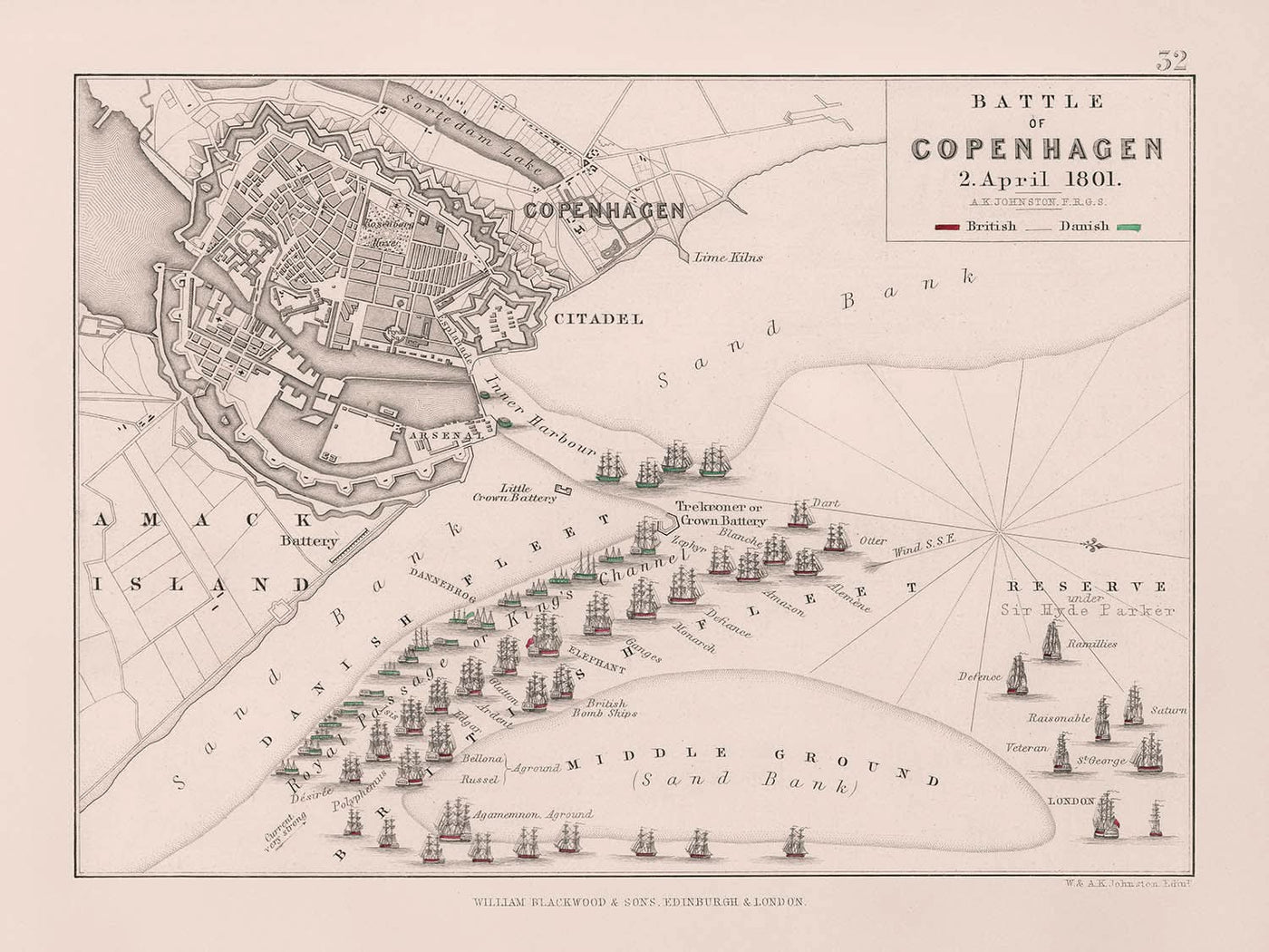 Schlacht von Kopenhagen, 2. April 1801 von AK Johnston, 1801