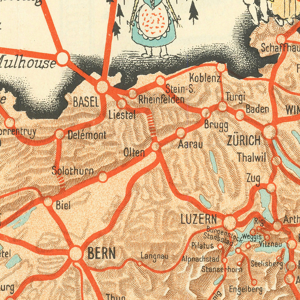Old Pictorial Map of Switzerland by Gauchet, 1931: Railway connections ...