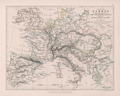 Alte Karte des vorrevolutionären Europas von Johnston, 1789: Paris, Rom, Wien, Militärgrenzen